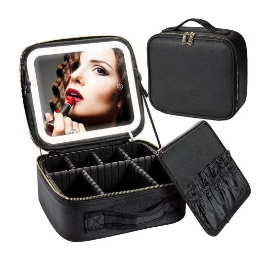 Geanta pentru cosmetice cu oglinda si lumina LED compartiment separat pentru pensule